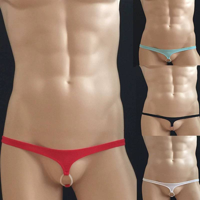 New unobstructed low rise men's thong with silicone ring hollow out sexy men's underwear elastic tight men's T-pants