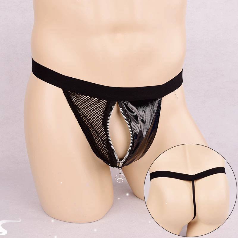 Men's PU patent leather tight underwear men's European and American mesh transparent thong sexy youth zipper crotch T pants