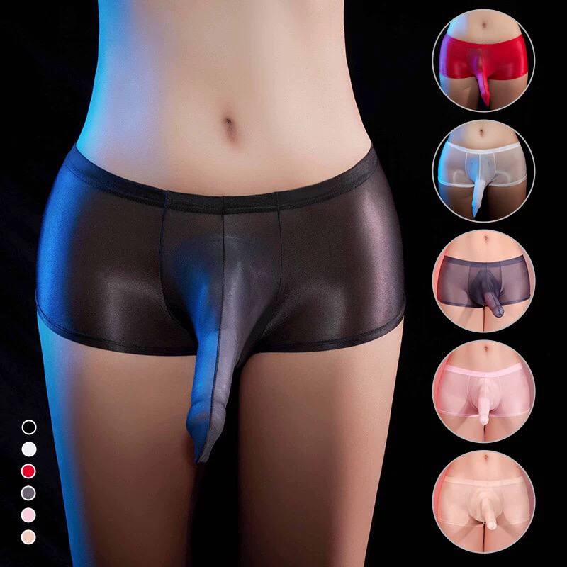 Men's sexy oily smooth low waisted seamless JJ set egg opening fake girl no take off thong airplane triangle underwear