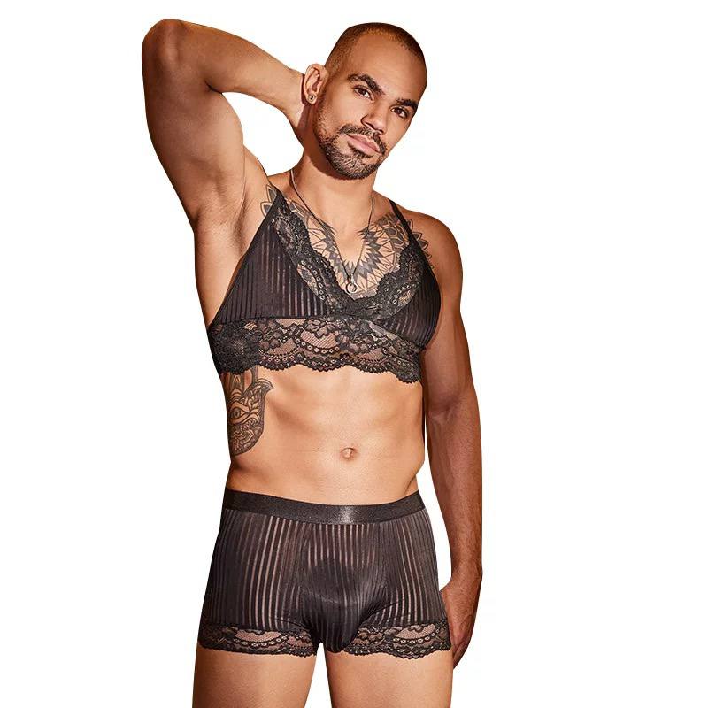 Sexy lace top, see through striped, flat cornered underwear, suspender bra, ladylike silky suit for men who flirt with men