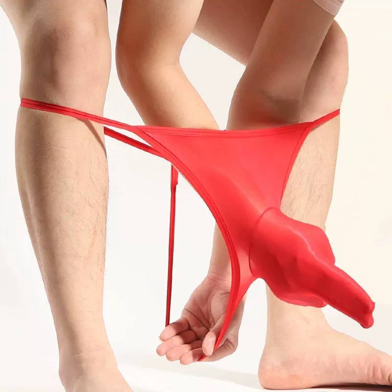 Men's fully transparent thong underwear, sexy, ultra-thin, shiny, silky, low waist, plus size with JJ set, gun and bullet separation, tempting